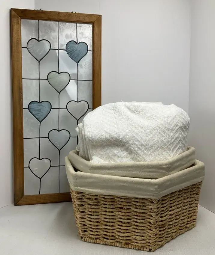 Stained Glass Heart Window Panel and Woven Storage Baskets