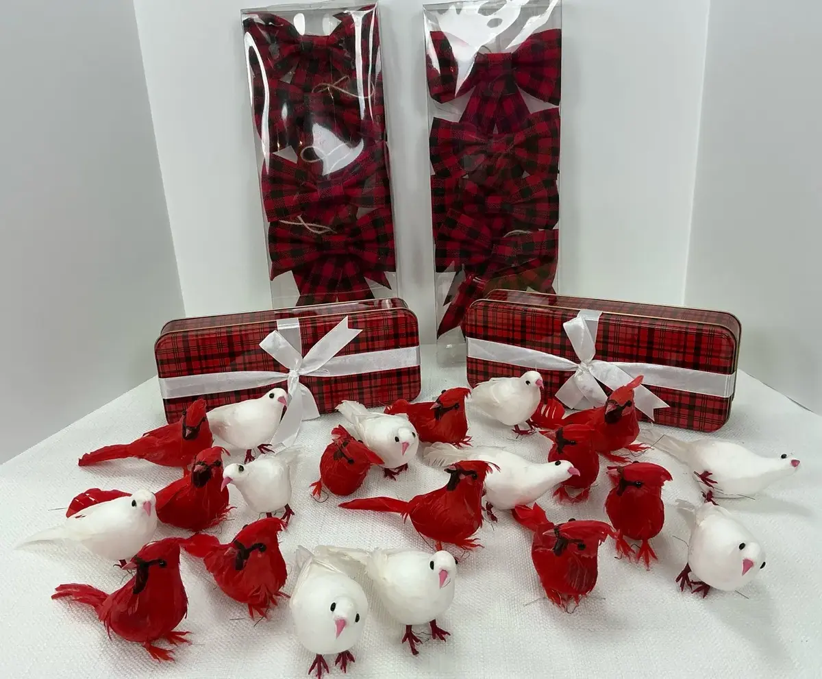 Red Cardinal and White Dove Feathered Christmas Birds with Buffalo Check Bow Ornaments and Red Plaid