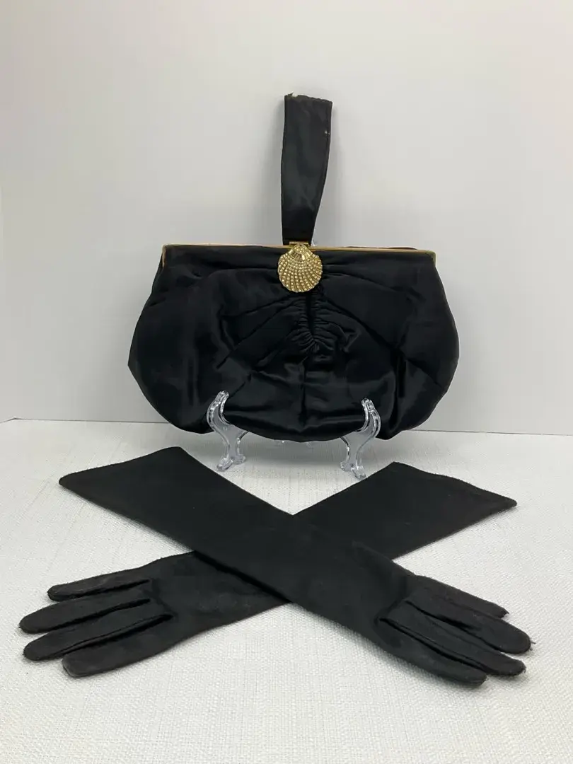 Vintage Black Satin Evening Bag & Gloves