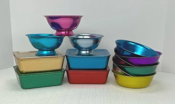Anodized Aluminum Refrigerator Dishes with Lids, Footed Sherbet Dessert Cups and Nesting Bowls in Je
