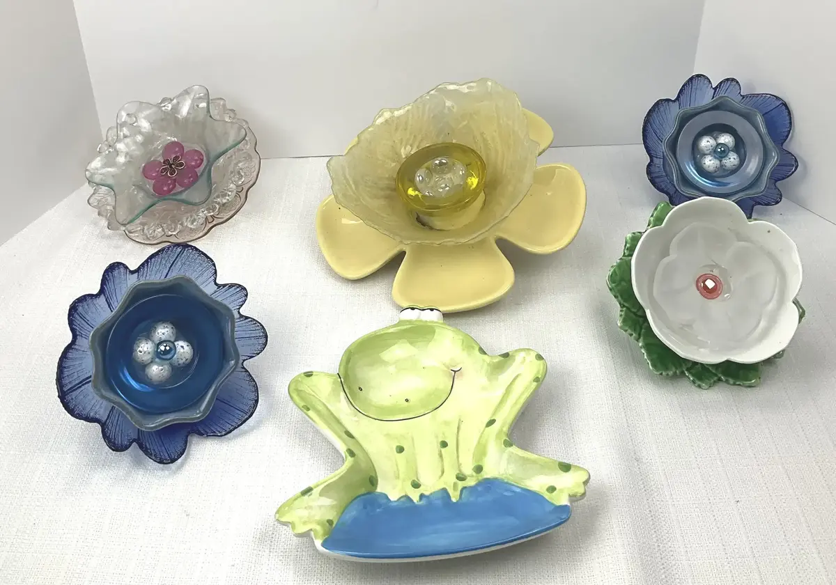 Handmade Glass & Ceramic Garden Flowers, Dish Flower Yard Art, Blue, Yellow & Frog Dish