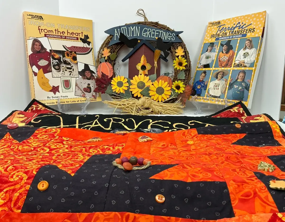 Leisure Arts Iron-On Transfers Books, Autumn Greetings Grapevine Wreath, Harvest Scarecrow Quilted W