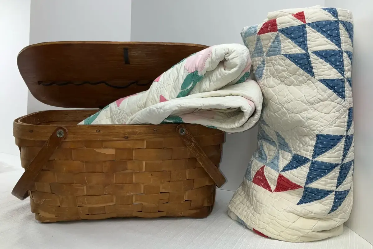 Handmade Patchwork Quilts and Woven Picnic Basket