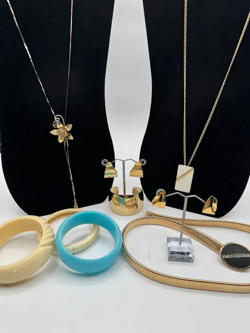 Vintage Gold Tone Statement Jewelry Collection, Retro Bangles, Cuff, Rose Lariat, Belt