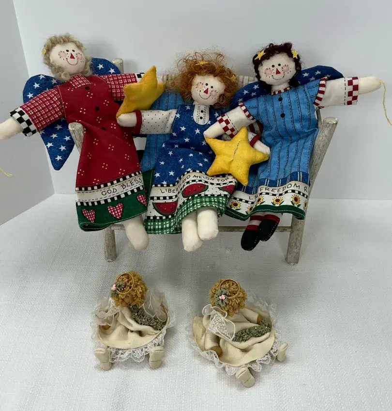 Patriotic Americana Cloth Angel Dolls, Rustic Twig Doll Bench with Woven Splint Seat and Bread Dough