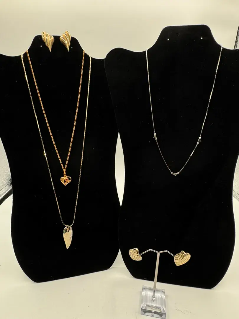 Heart Pendant Necklaces & Clip Earrings, Gold & Silver Tone, Red Rhinestone Rose, Vintage Jewelry Se