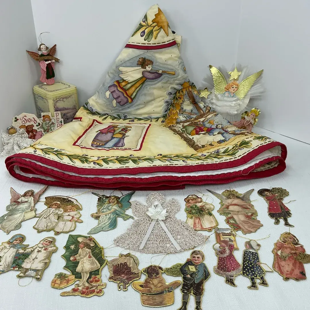 Nativity Angel Quilted Christmas Tree Skirt, Victorian Style Die Cut Paper Ornaments, Angel Tree Top