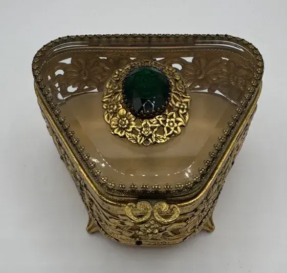 Ormolu Filigree Jewelry Casket, Triangular Beveled Glass & Green Rhinestone Lid, Hollywood Regency