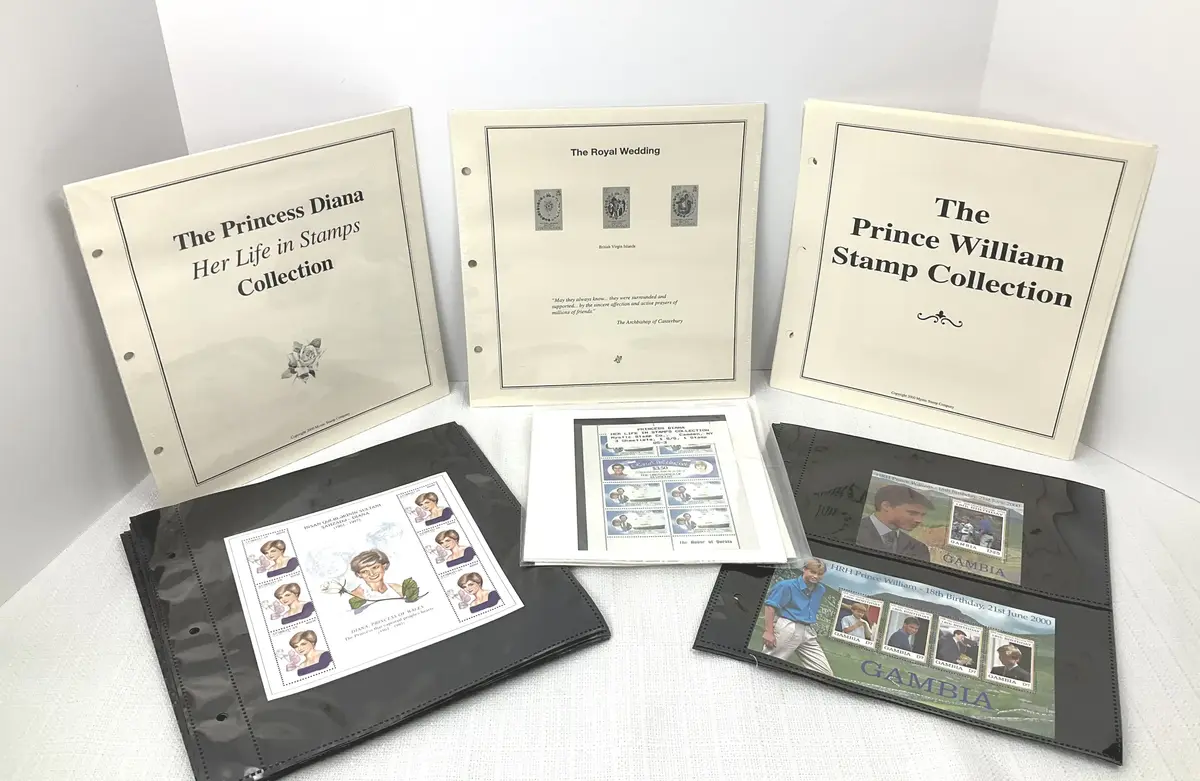 Princess Diana & Prince William Stamp Collection, Royal Wedding Souvenir Sheets, Gambia, Album Pages