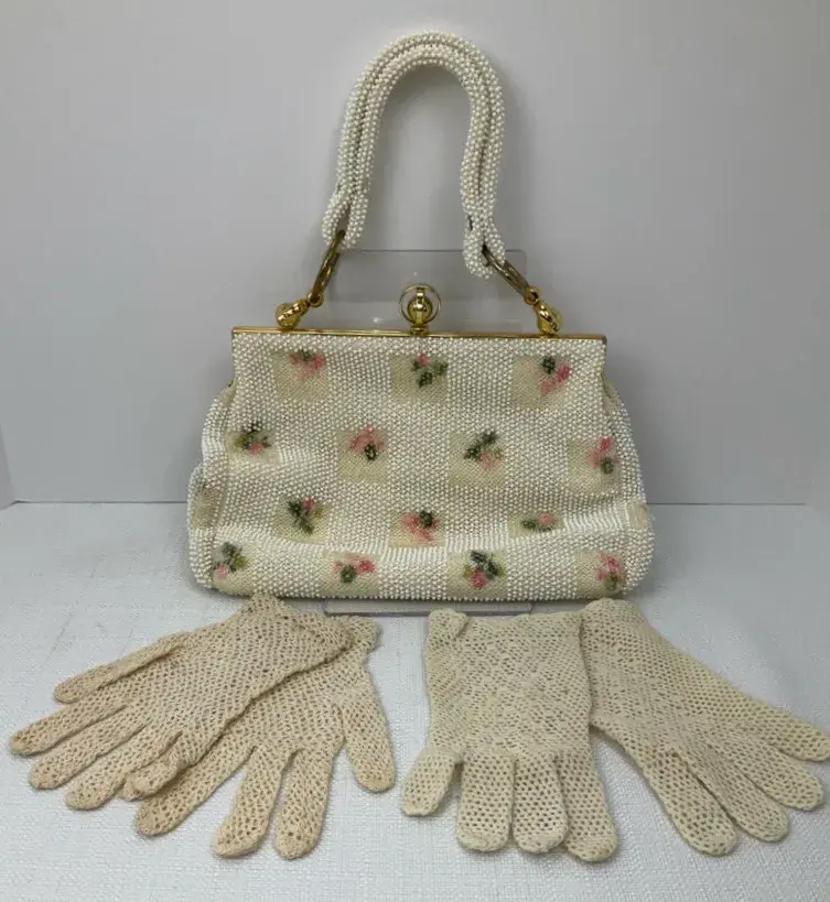 Vintage Corde Bead Purse & Crochet Gloves