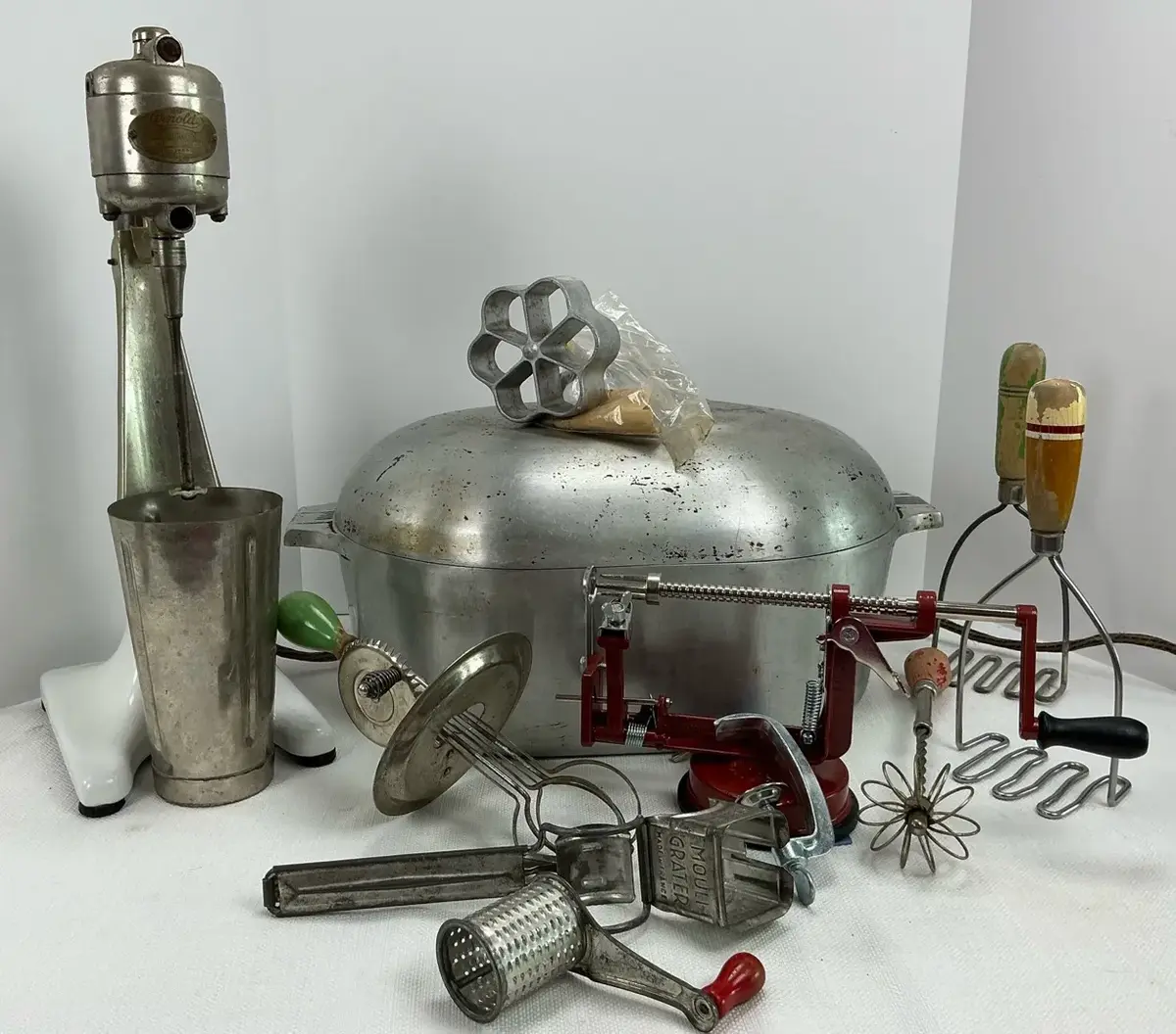 1920 Arnold Mixer Mouli Kitchenware, French made Mouli Grater, A&J Rotary Beater 