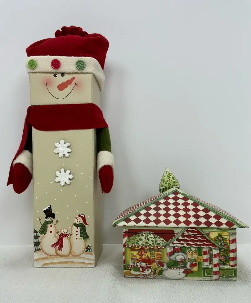 Christmas Snowman Stacking Nesting Gift Box with Felt Hat, Scarf and Mittens and Snowman Bakery Shop