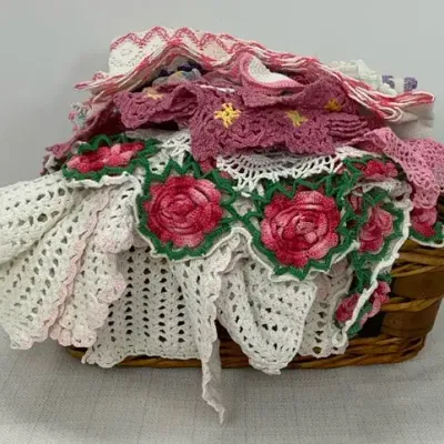 Crochet Doilies, Linens & Basket