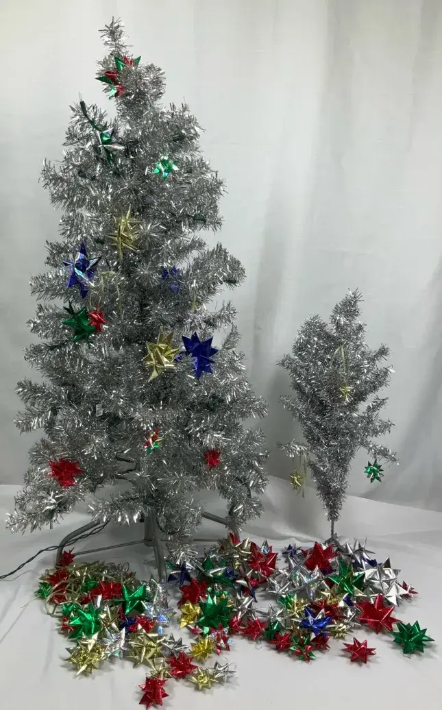 Vintage Silver Tinsel Christmas Trees with Foil Star Ornaments