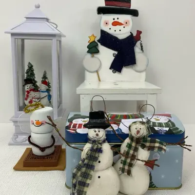Snowman Chair, Lantern & Ornaments
