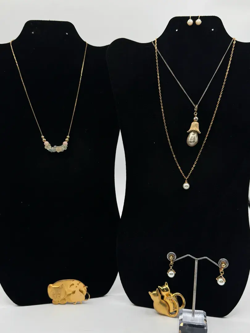 Faux Pearl Necklaces & Earrings, Gold Tone Cat Brooches, Flower Bead Necklace, Screw Back & Clip On 