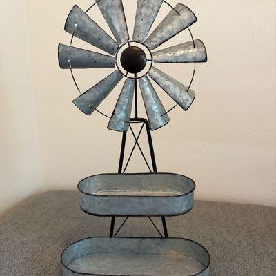 Sale Photo Thumbnail #5: Galvanized windmill tiered planter, ~24” tall x 13” wide x 6” deep