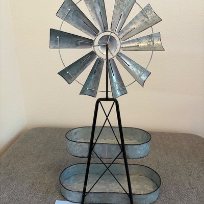 Sale Photo Thumbnail #6: Galvanized windmill tiered planter, ~24” tall x 13” wide x 6” deep