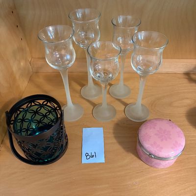 Sale Photo Thumbnail #114: 5 crystal frosted stemmed candle holders, 1 mini lantern and 1 travel candle holder