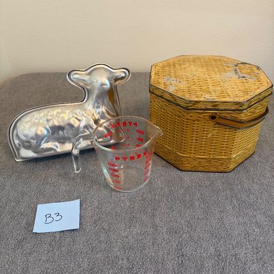 Sale Photo Thumbnail #9: PYREX 2 cup measuring cup, lamb cake mold, biscuit tin