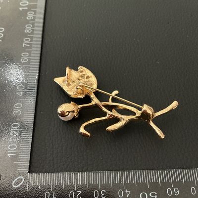 Gold-Tone Tulip Flower Brooch with Faux Pearl and Rhinestones