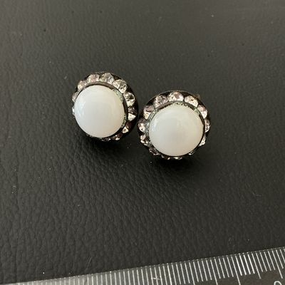 Vintage Screw-Back Earrings with White Cabochons and Rhinestone Halo