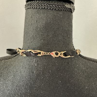 Gold-Tone Chain and Black Ribbon Necklace with Faux Pearl Flower Accent