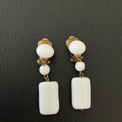 Vintage White Milk Glass Dangle Clip-On Earrings