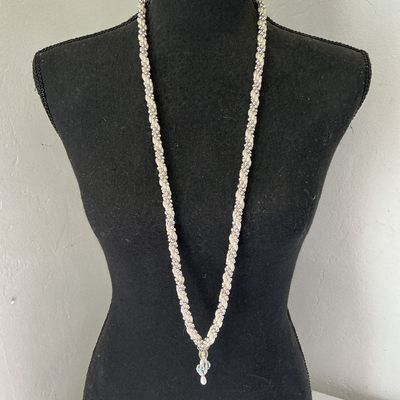 Vintage Beaded Rope Necklace with Crystal Pendant