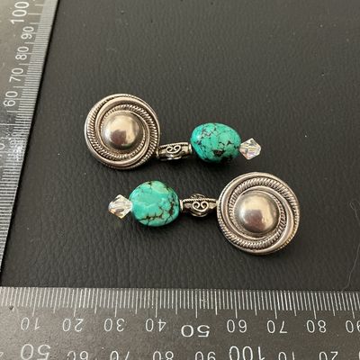 Vintage Silver Turquoise & Crystal Dangle Post Earrings