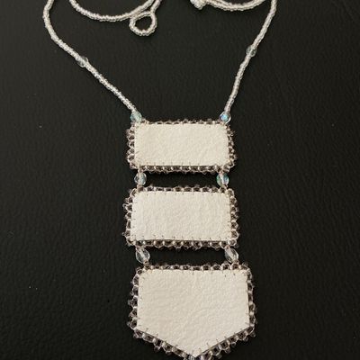 Handcrafted Beaded White Leather Tiered Pendant Necklace