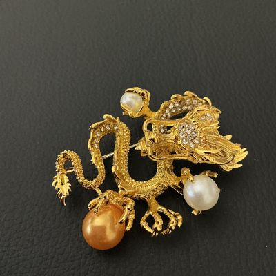 Vintage Gold-Tone Dragon Brooch with Faux Pearls and Rhinestones