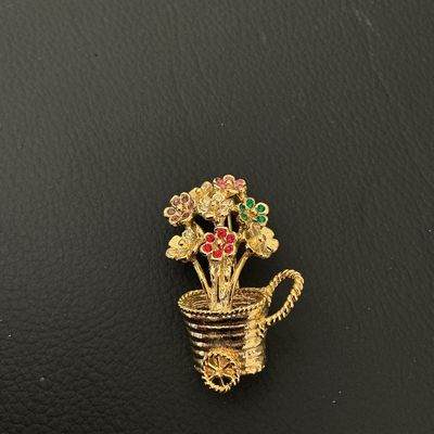 Vintage Gold-Tone Flower Cart Brooch with Rhinestones