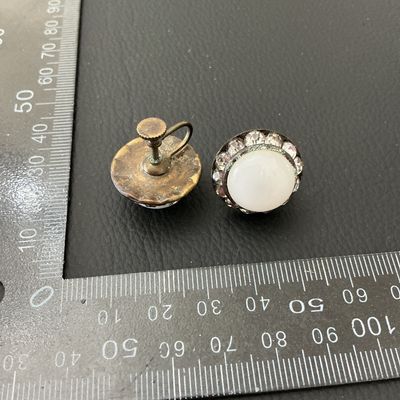 Vintage Screw-Back Earrings with White Cabochons and Rhinestone Halo