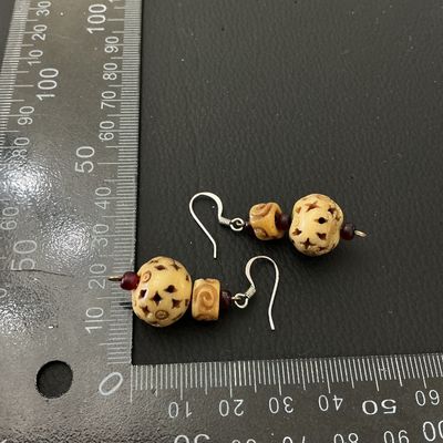 Carved Bone and Glass Bead Dangle Earrings