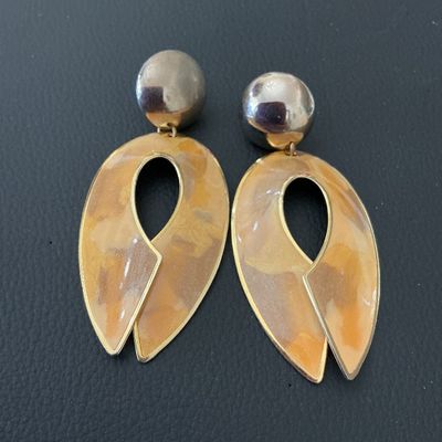 Vintage 1980s Gold Tone and Ochre Enamel Dangle Earrings