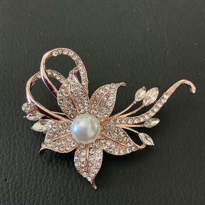 Rose Gold Tone Rhinestone and Faux Pearl Floral Brooch