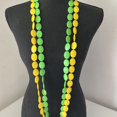 Vintage Mod Yellow and Green Plastic Disc Double Strand Necklace