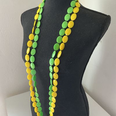 Vintage Mod Yellow and Green Plastic Disc Double Strand Necklace