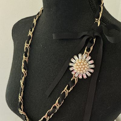 Gold-Tone Chain and Black Ribbon Necklace with Faux Pearl Flower Accent