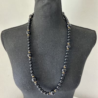 Vintage Black Beaded Necklace with Gold-Tone Accents