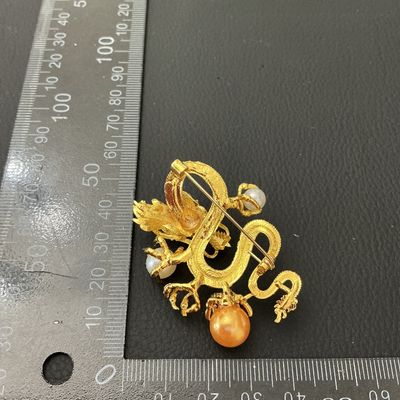 Vintage Gold-Tone Dragon Brooch with Faux Pearls and Rhinestones