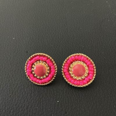Pink Beaded and Enamel Circular Stud Earrings