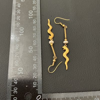 Vintage Brass Snake Dangle Earrings with White Stone Accents