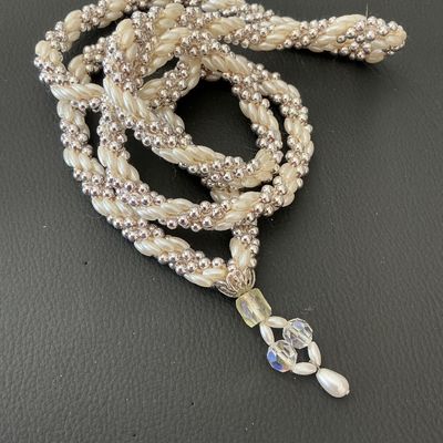 Vintage Beaded Rope Necklace with Crystal Pendant