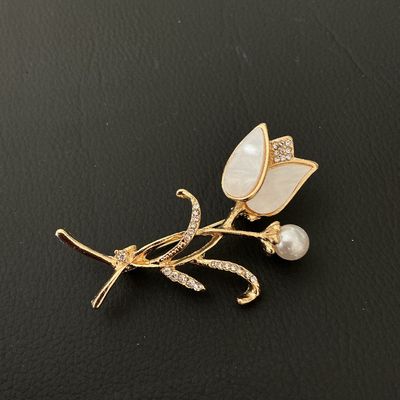 Gold-Tone Tulip Flower Brooch with Faux Pearl and Rhinestones