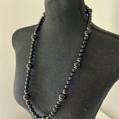 Vintage Black Beaded Necklace with Gold-Tone Accents