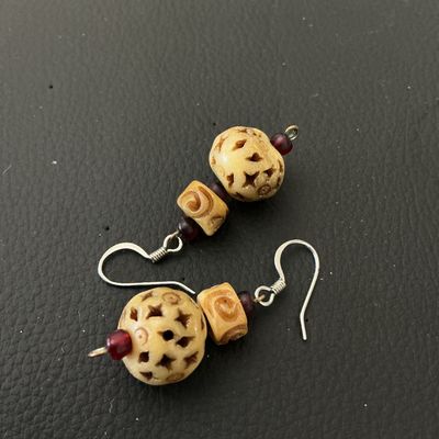 Carved Bone and Glass Bead Dangle Earrings