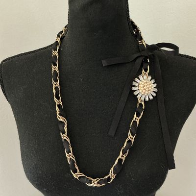 Gold-Tone Chain and Black Ribbon Necklace with Faux Pearl Flower Accent