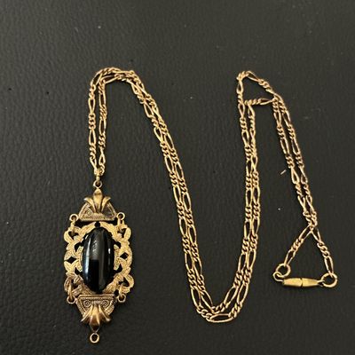 Vintage Gold-Tone Filigree Pendant Necklace with Black Cabochon